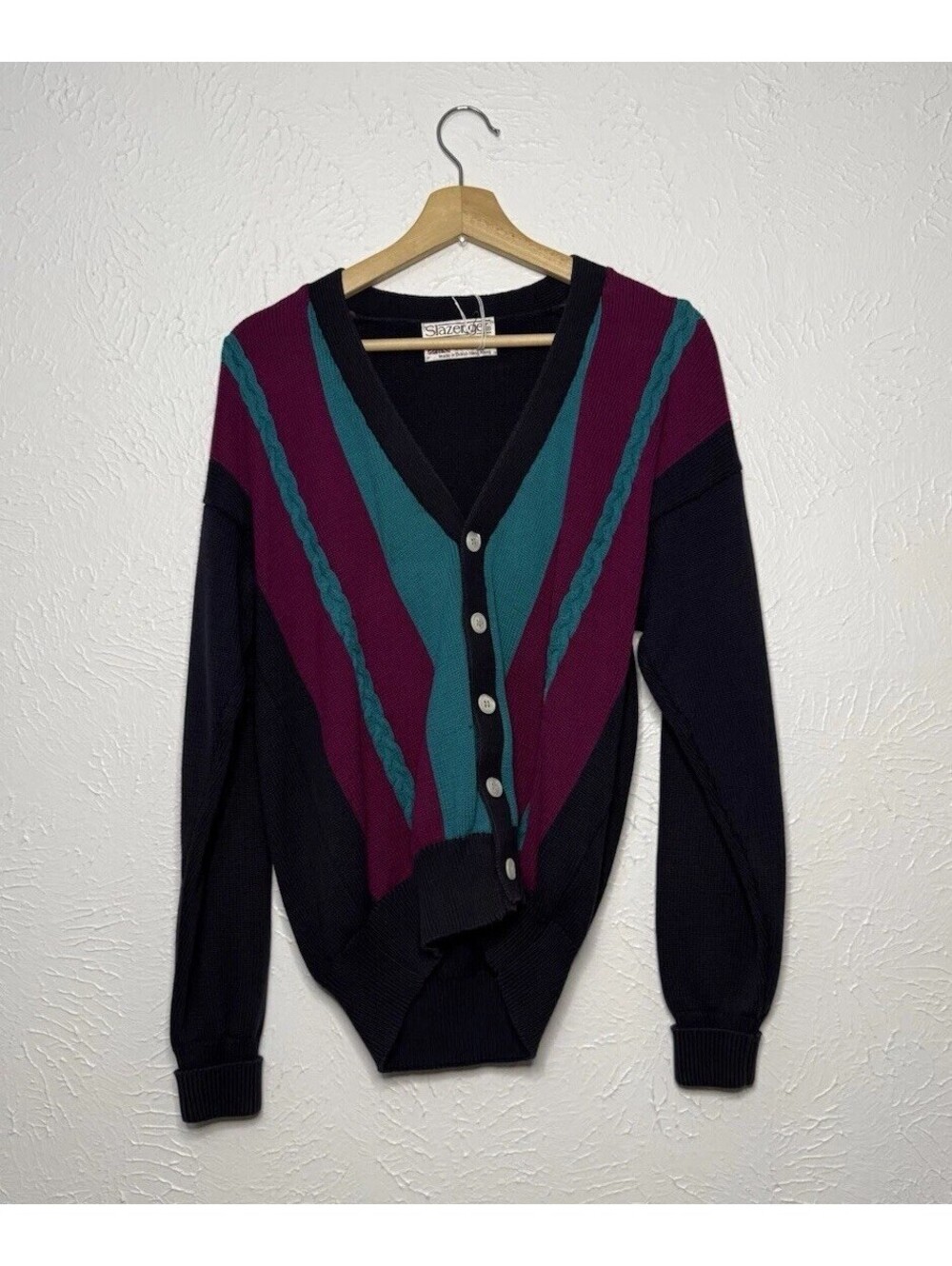 Vintage Cardigan Sweater Cotton Blue Geometric Striped Chunky Cable Knit M